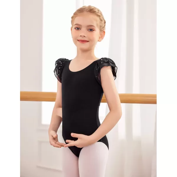 Zaclotre Girls Ruffle Sleeve Ballet Leotards Toddler Mesh Dance Leotard Sparkly Gymnastics OutfitsHollow Backblack