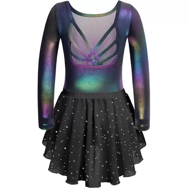 Zaclotre Gymnastics Leotards for Girls Long Sleeve Crisscross Back Ballet Dance Outfit with Removable Skirt ComboBlack Gradient
