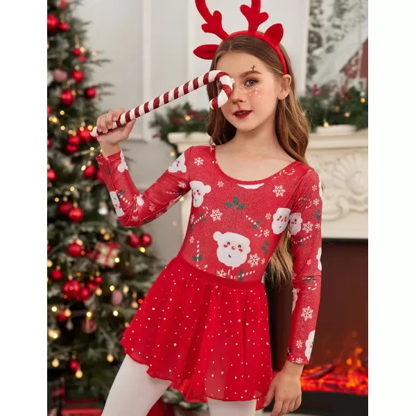 Zaclotre Gymnastics Leotards for Girls Long Sleeve Crisscross Back Ballet Dance Outfit with Removable Skirt ComboChristmas Red