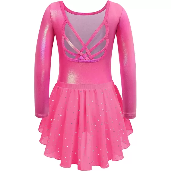 Zaclotre Gymnastics Leotards for Girls Long Sleeve Crisscross Back Ballet Dance Outfit with Removable Skirt ComboShiny Pink