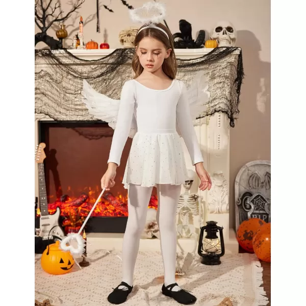 Zaclotre Gymnastics Leotards for Girls Long Sleeve Crisscross Back Ballet Dance Outfit with Removable Skirt ComboWhite