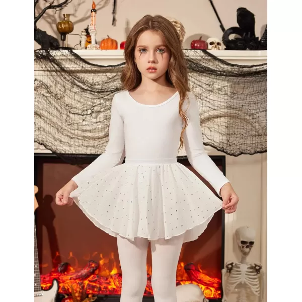 Zaclotre Gymnastics Leotards for Girls Long Sleeve Crisscross Back Ballet Dance Outfit with Removable Skirt ComboWhite