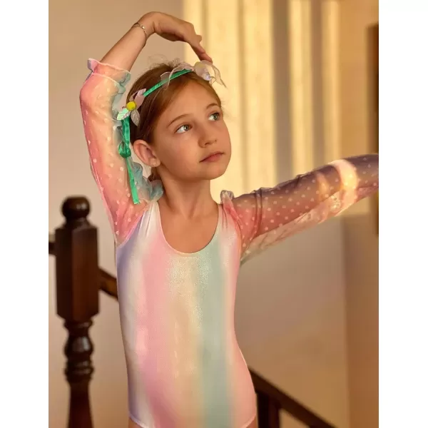 Zaclotre Gymnastics Leotards for Girls Polka Dots Mesh Long Sleeve Ballet Dance Outfit Toddler Size 311 YearsPink Rainbow