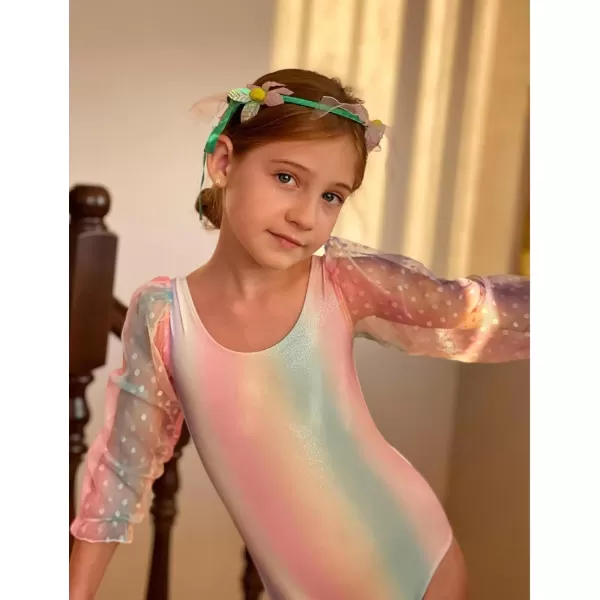 Zaclotre Gymnastics Leotards for Girls Polka Dots Mesh Long Sleeve Ballet Dance Outfit Toddler Size 311 YearsPink Rainbow