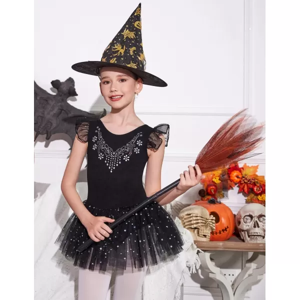 Zaclotre Kid Girls Ruffle Sleeve Ballet Skirted Leotard Shiny Dance Tutu DressesBlack