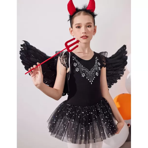 Zaclotre Kid Girls Ruffle Sleeve Ballet Skirted Leotard Shiny Dance Tutu DressesBlack