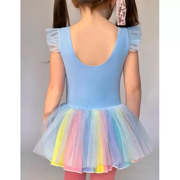 Zaclotre Kid Girls Ruffle Sleeve Ballet Skirted Leotard Shiny Dance Tutu DressesBlue Rainbow