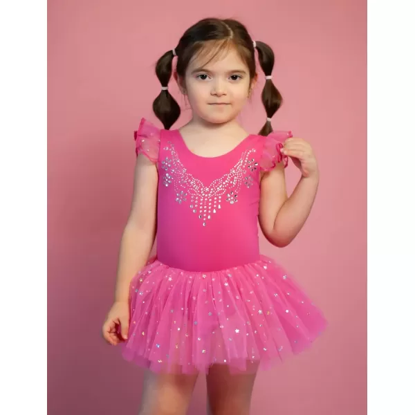 Zaclotre Kid Girls Ruffle Sleeve Ballet Skirted Leotard Shiny Dance Tutu DressesHot Pink