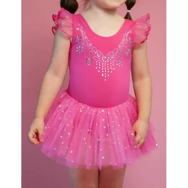Zaclotre Kid Girls Ruffle Sleeve Ballet Skirted Leotard Shiny Dance Tutu DressesHot Pink