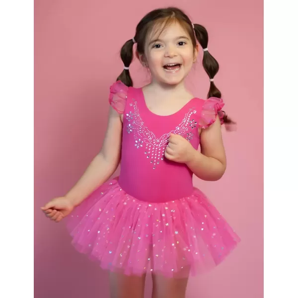 Zaclotre Kid Girls Ruffle Sleeve Ballet Skirted Leotard Shiny Dance Tutu DressesHot Pink