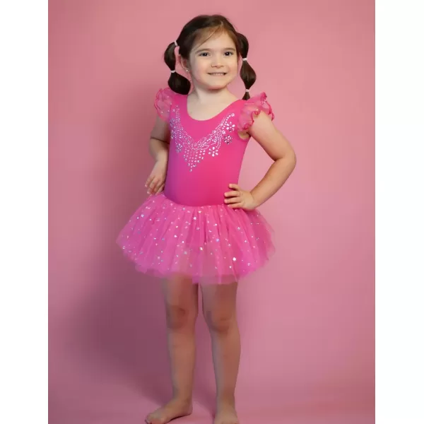 Zaclotre Kid Girls Ruffle Sleeve Ballet Skirted Leotard Shiny Dance Tutu DressesHot Pink