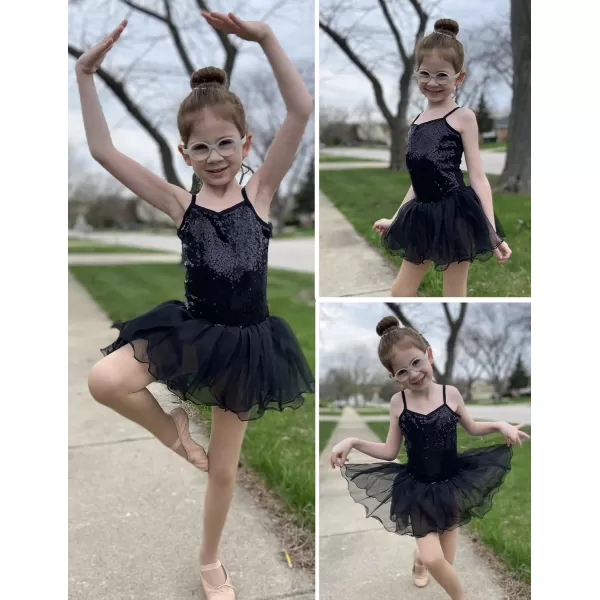 Zaclotre Little Girls Sequin Leotard Sparkly Strap Ballet Leotards Tutu Dress Ballerina Outfit Dance Costume for KidsBlack