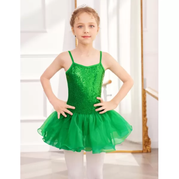 Zaclotre Little Girls Sequin Leotard Sparkly Strap Ballet Leotards Tutu Dress Ballerina Outfit Dance Costume for KidsGreen