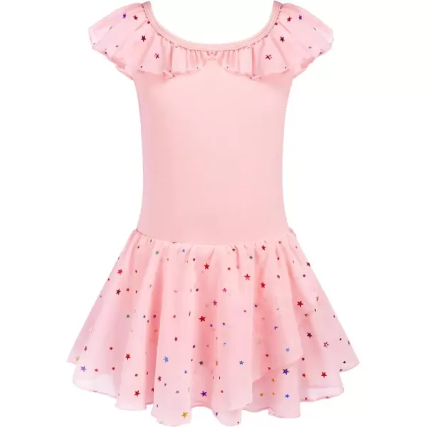 Zaclotre Girls Ballet Leotard with Skirt Kids Colorful Ruffle Sleeves Dance Dress Ballerina OutfitPink