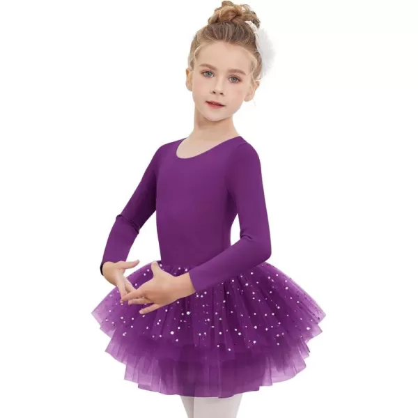 Zaclotre Girls Ballet Leotards 4Layers Tiered Long Sleeve Dance Tutu Dresses Party Costumes for BallerinaDark Purple