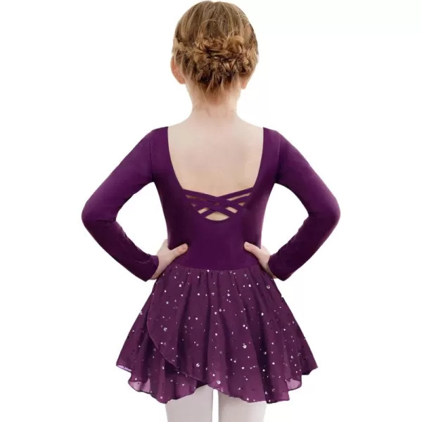 Zaclotre Girls Ballet Leotards Long Sleeve Shiny Skirted Crisscross Back Toddler Leotard Dresses Dance OutfitsDark Purple