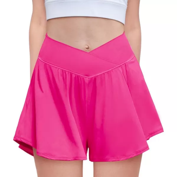 Zaclotre Girls Flowy Shorts with Spandex Liner V Crossover 2 in 1 Athletic Running Shorts with Pockets Kids Butterfly SkortsHot Pink