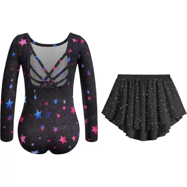 Zaclotre Gymnastics Leotards for Girls Long Sleeve Crisscross Back Ballet Dance Outfit with Removable Skirt ComboBlack Star