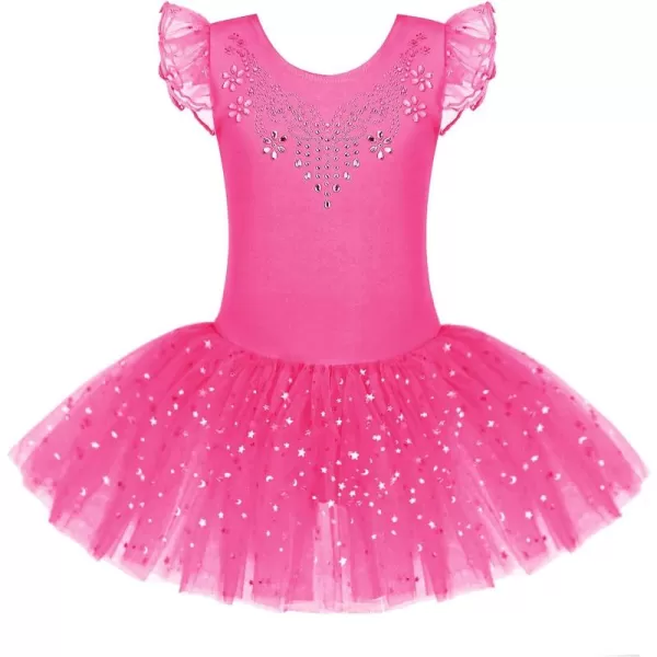 Zaclotre Kid Girls Ruffle Sleeve Ballet Skirted Leotard Shiny Dance Tutu DressesHot Pink
