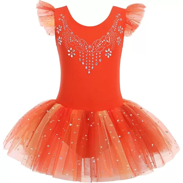 Zaclotre Kid Girls Ruffle Sleeve Ballet Skirted Leotard Shiny Dance Tutu DressesOrange