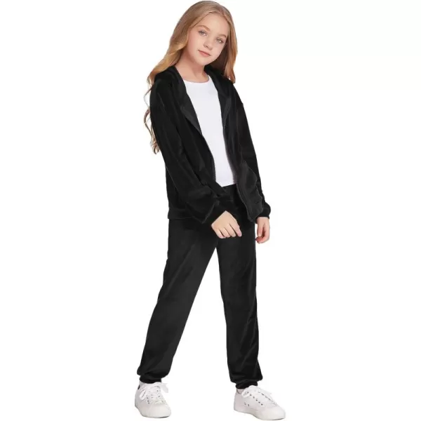Zaclotre Girls Velour Tracksuits 2 Piece Outfits Zip Up Hoodie and Jogger Sweatpant Sweatsuits Athletic Clothing SetsBlack