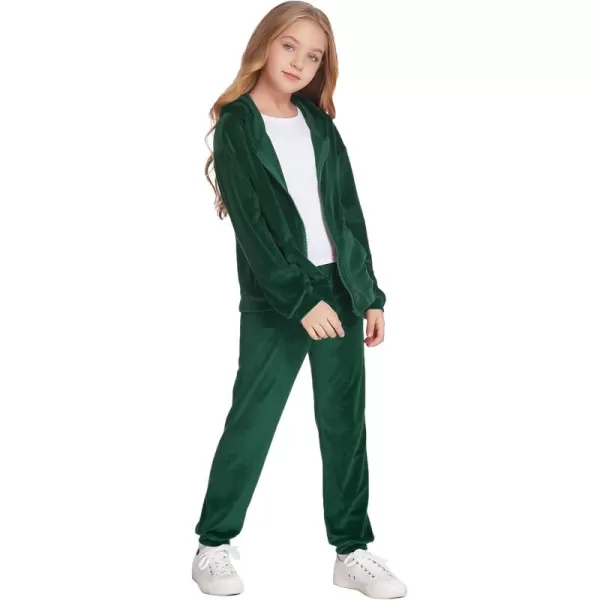 Zaclotre Girls Velour Tracksuits 2 Piece Outfits Zip Up Hoodie and Jogger Sweatpant Sweatsuits Athletic Clothing SetsDark Green