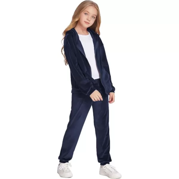 Zaclotre Girls Velour Tracksuits 2 Piece Outfits Zip Up Hoodie and Jogger Sweatpant Sweatsuits Athletic Clothing SetsNavy Blue