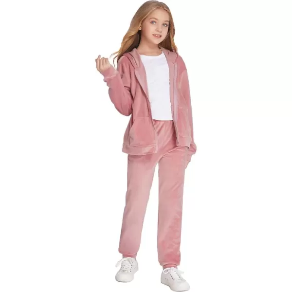 Zaclotre Girls Velour Tracksuits 2 Piece Outfits Zip Up Hoodie and Jogger Sweatpant Sweatsuits Athletic Clothing SetsPink