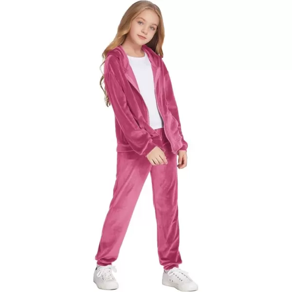 Zaclotre Girls Velour Tracksuits 2 Piece Outfits Zip Up Hoodie and Jogger Sweatpant Sweatsuits Athletic Clothing SetsRose Red