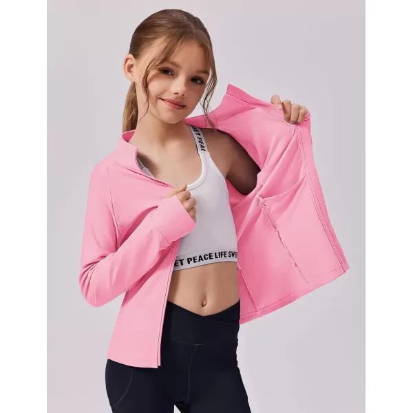 imageZaclotre Girls Fleece Jacket with 4 Pockets Long Sleeve Zip Up Warm Athletic Winter Coat Kids Sweatshirt for 514 YPink