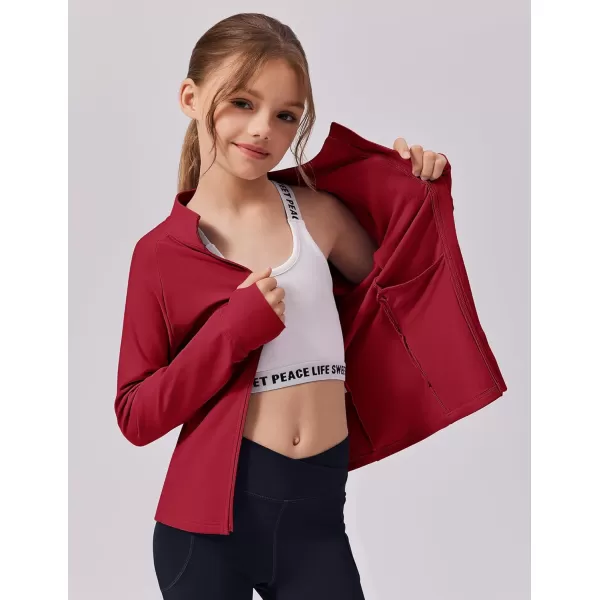 imageZaclotre Girls Fleece Jacket with 4 Pockets Long Sleeve Zip Up Warm Athletic Winter Coat Kids Sweatshirt for 514 YRed
