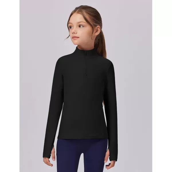 imageZaclotre Girls Fleece Long Sleeve Shirts Half Zip Pullover Sweatshirt with Pockets Kids Athletic Winter JacketBlack