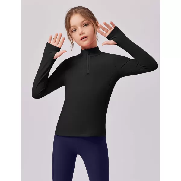 imageZaclotre Girls Fleece Long Sleeve Shirts Half Zip Pullover Sweatshirt with Pockets Kids Athletic Winter JacketBlack