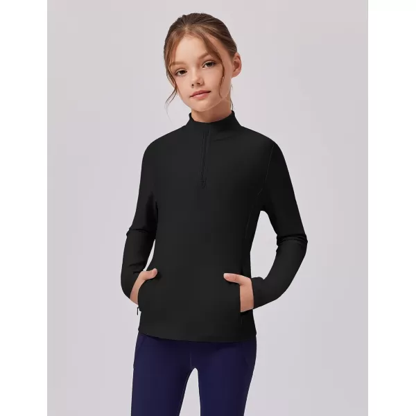 imageZaclotre Girls Fleece Long Sleeve Shirts Half Zip Pullover Sweatshirt with Pockets Kids Athletic Winter JacketBlack