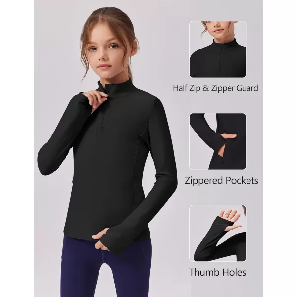 imageZaclotre Girls Fleece Long Sleeve Shirts Half Zip Pullover Sweatshirt with Pockets Kids Athletic Winter JacketBlack