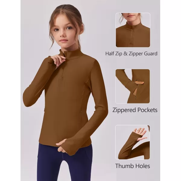 imageZaclotre Girls Fleece Long Sleeve Shirts Half Zip Pullover Sweatshirt with Pockets Kids Athletic Winter JacketBrown