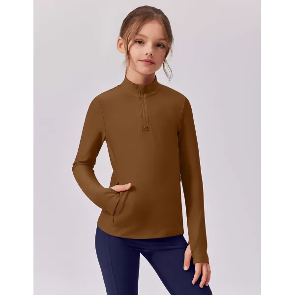 imageZaclotre Girls Fleece Long Sleeve Shirts Half Zip Pullover Sweatshirt with Pockets Kids Athletic Winter JacketBrown