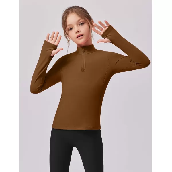 imageZaclotre Girls Fleece Long Sleeve Shirts Half Zip Pullover Sweatshirt with Pockets Kids Athletic Winter JacketBrown