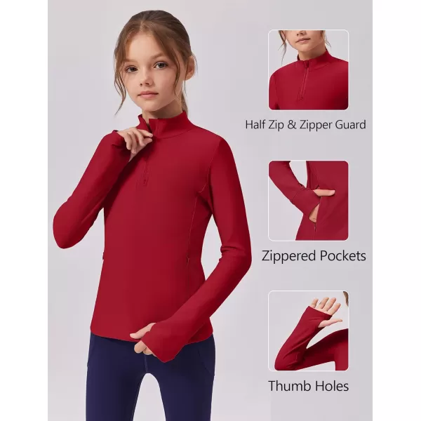 imageZaclotre Girls Fleece Long Sleeve Shirts Half Zip Pullover Sweatshirt with Pockets Kids Athletic Winter JacketDark Red