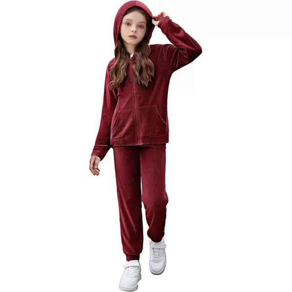 imageZaclotre Girls Velour Tracksuits 2 Piece Outfits Zip Up Hoodie and Jogger Sweatpant Sweatsuits Athletic Clothing SetsWine Red
