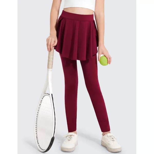 imageZaclotre Girls Leggings with Pocket High Waisted Stretchy Tennis Golf Athletic Flowy Skirted Legging for KidWine Red