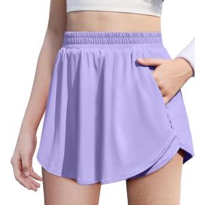 imageZaclotre Girls Athletic Shorts with Zipper Pockets 2 in 1 Flowy Skirt Overlay Kids Running Workout Soccer Sports ShortsLilac