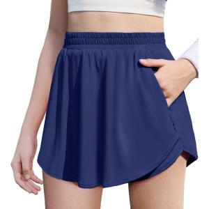 imageZaclotre Girls Athletic Shorts with Zipper Pockets 2 in 1 Flowy Skirt Overlay Kids Running Workout Soccer Sports ShortsNavy Blue