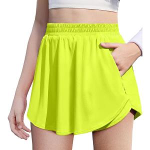 imageZaclotre Girls Athletic Shorts with Zipper Pockets 2 in 1 Flowy Skirt Overlay Kids Running Workout Soccer Sports ShortsNeon Green