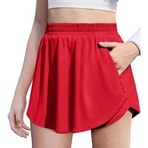 imageZaclotre Girls Athletic Shorts with Zipper Pockets 2 in 1 Flowy Skirt Overlay Kids Running Workout Soccer Sports ShortsRed