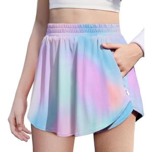 imageZaclotre Girls Athletic Shorts with Zipper Pockets 2 in 1 Flowy Skirt Overlay Kids Running Workout Soccer Sports ShortsTie Dye