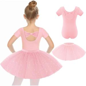 imageZaclotre Girls Ballet Leotards Short Sleeve Bow Back Tutu Ballerina Costume Toddler Dance Dress Outfit ComboBallet Pink