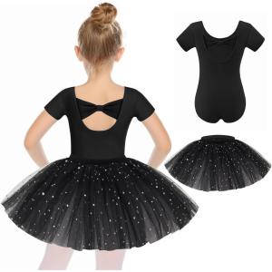 imageZaclotre Girls Ballet Leotards Short Sleeve Bow Back Tutu Ballerina Costume Toddler Dance Dress Outfit ComboBlack