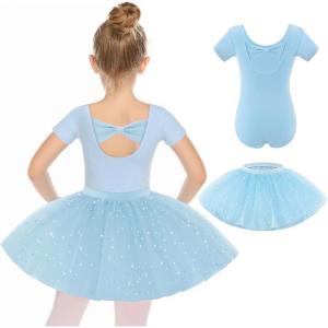 imageZaclotre Girls Ballet Leotards Short Sleeve Bow Back Tutu Ballerina Costume Toddler Dance Dress Outfit ComboBlue