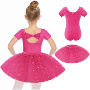 imageZaclotre Girls Ballet Leotards Short Sleeve Bow Back Tutu Ballerina Costume Toddler Dance Dress Outfit ComboHot Pink
